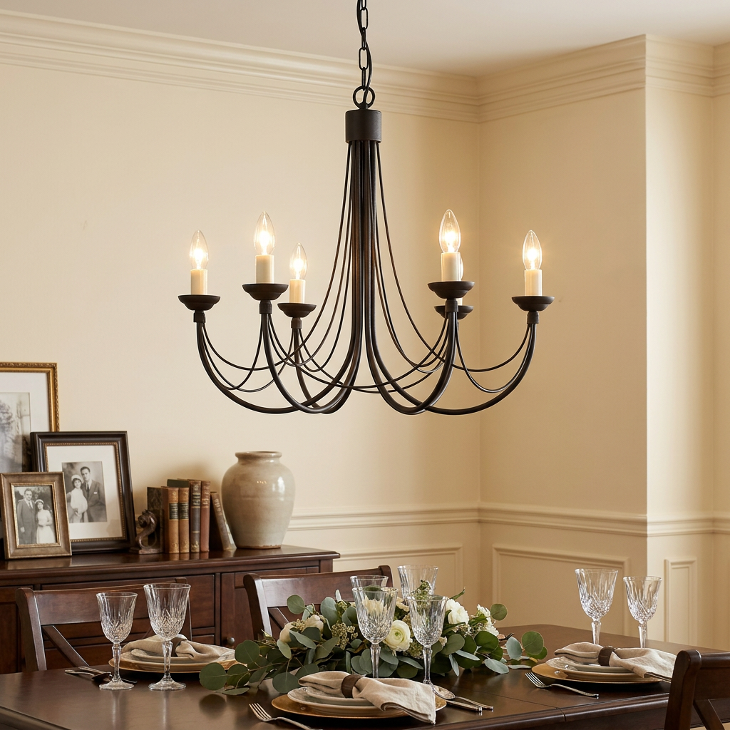 Elstead Carisbrooke 6 light black chandelier hanging over a dining table in a warm, traditional room.