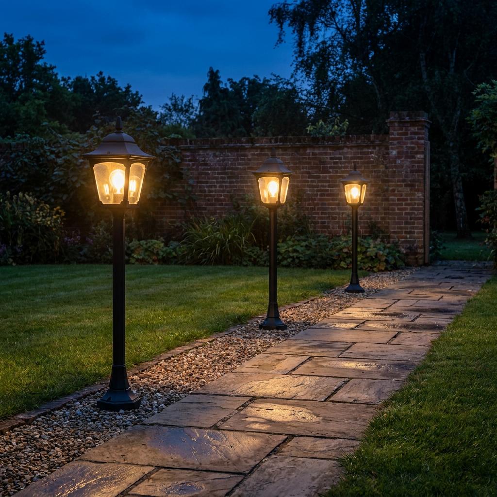 Three Elstead Chapel black outdoor bollard lanterns illuminating a stone garden path at dusk.