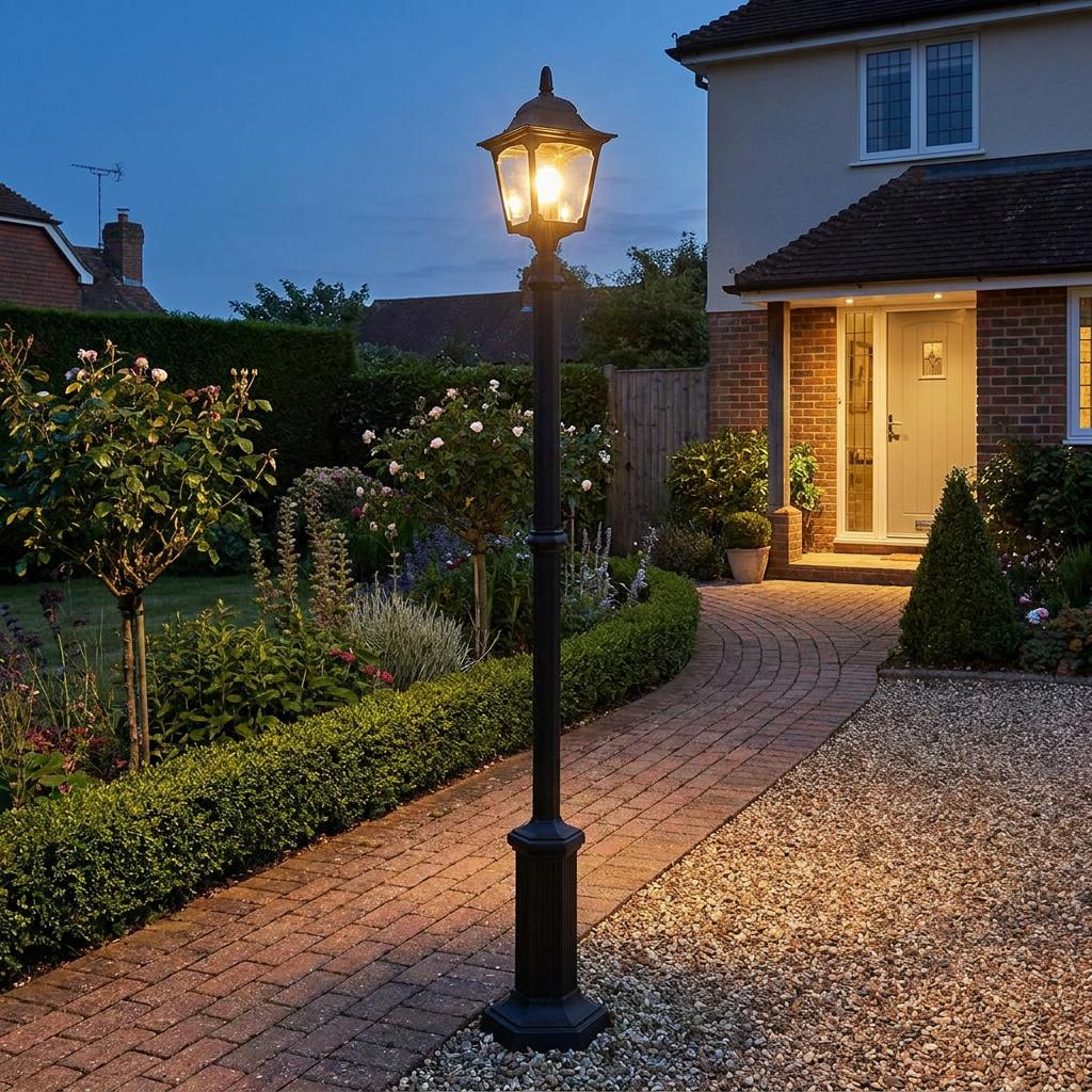 Traditional black midi lamp post illuminating a brick pathway in a lush garden at dusk.