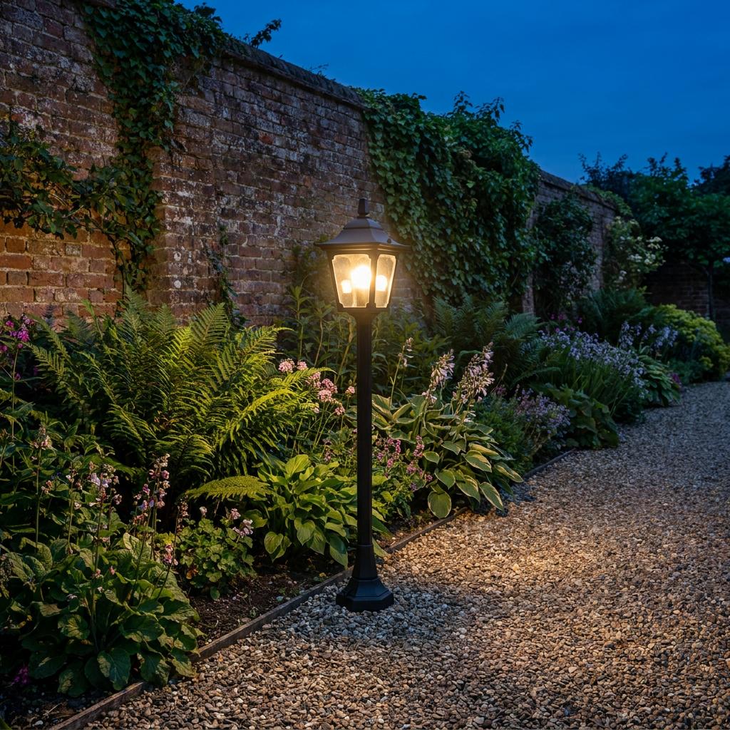 Elstead Chapel black lantern bollard light glowing in a lush garden border next to a gravel path at twilight.