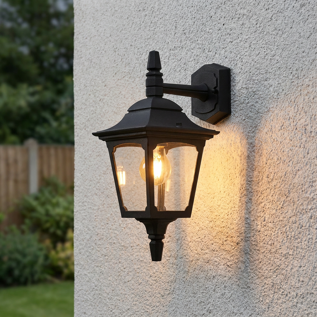 Black traditional lantern outdoor wall light with clear glass panels glowing on a textured white exterior wall.