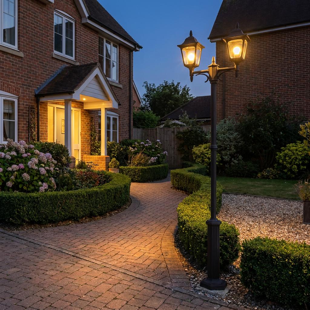 Elstead Chapel black twin arm lamp post lighting a brick path in a landscaped garden at night.