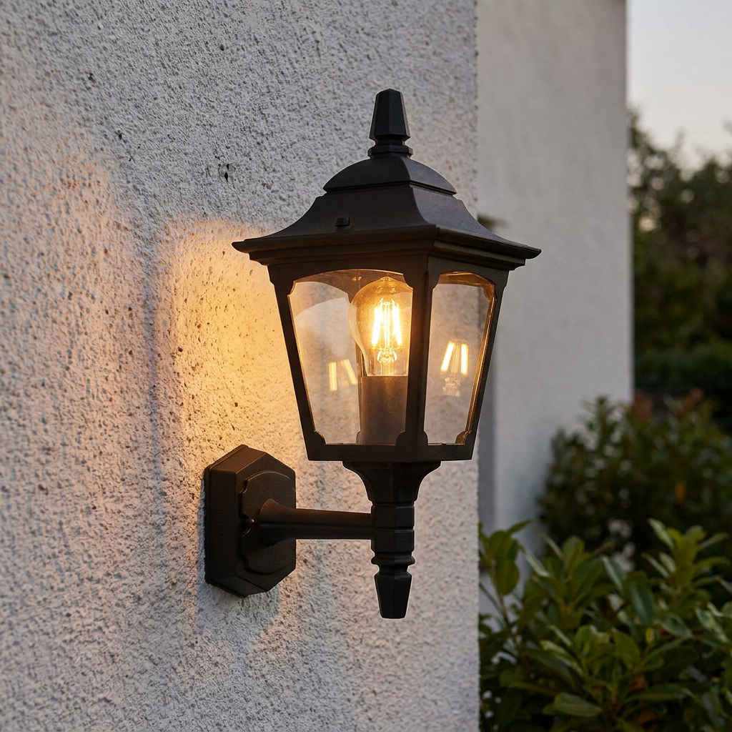 Traditional black outdoor wall lantern with a warm glowing bulb, mounted on a white textured exterior wall.