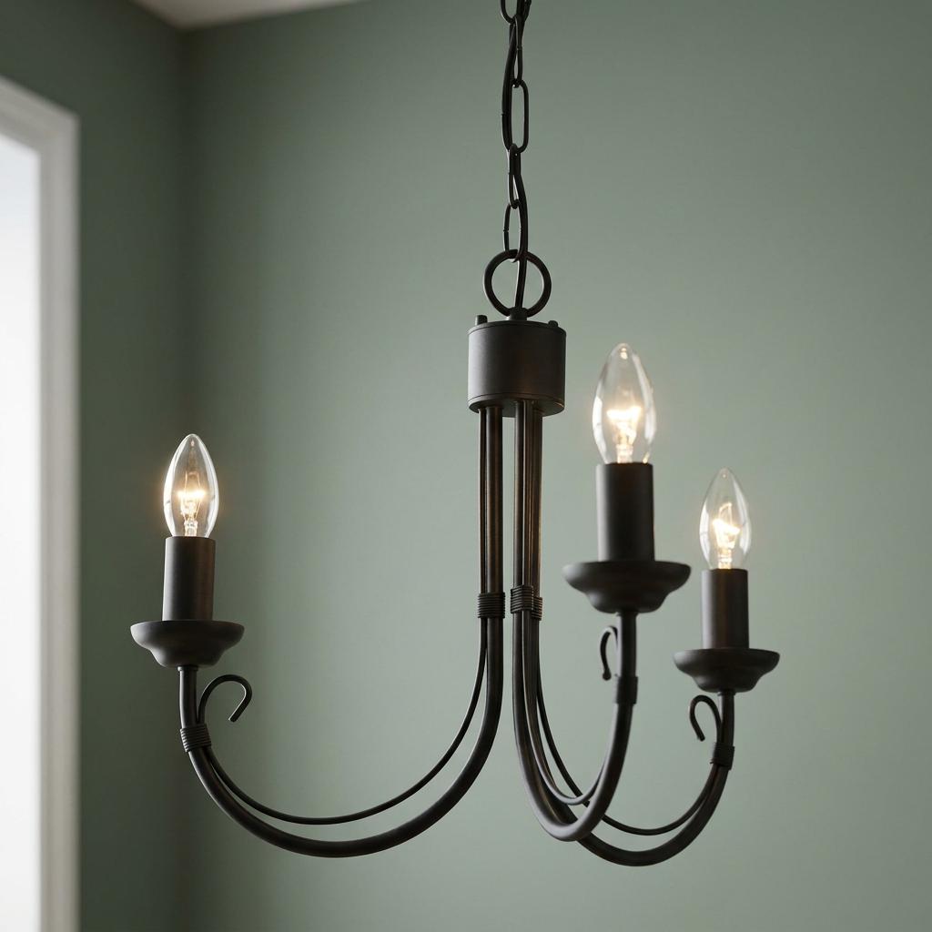 Elstead Chartwell 3 Light Black Chandelier with lit candle bulbs against a sage green wall.