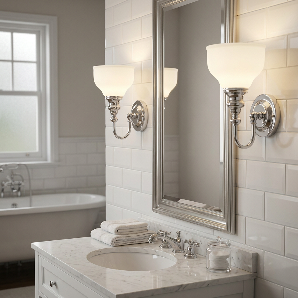 Polished chrome wall sconces with white frosted shades flanking a bathroom mirror above a marble vanity.