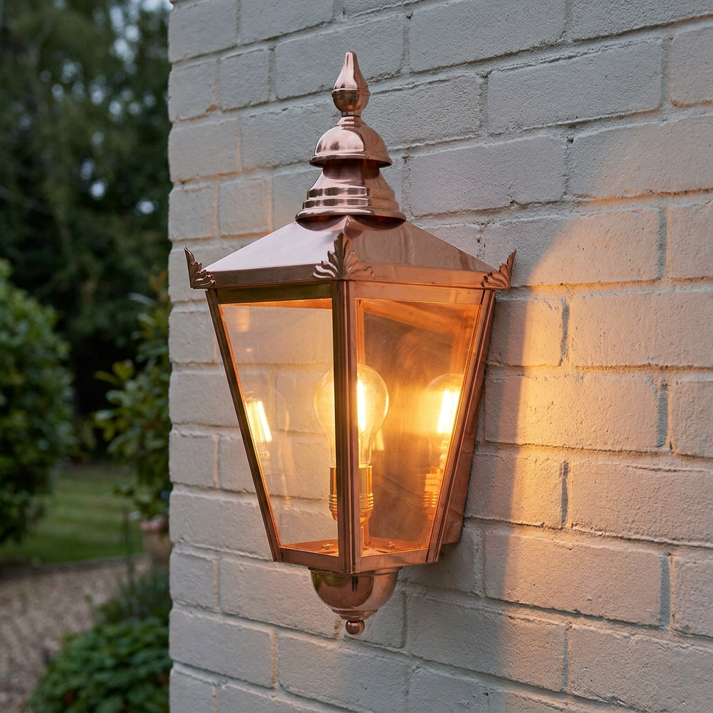 Copper lantern-style wall light with a warm glowing bulb mounted on a white brick exterior wall.