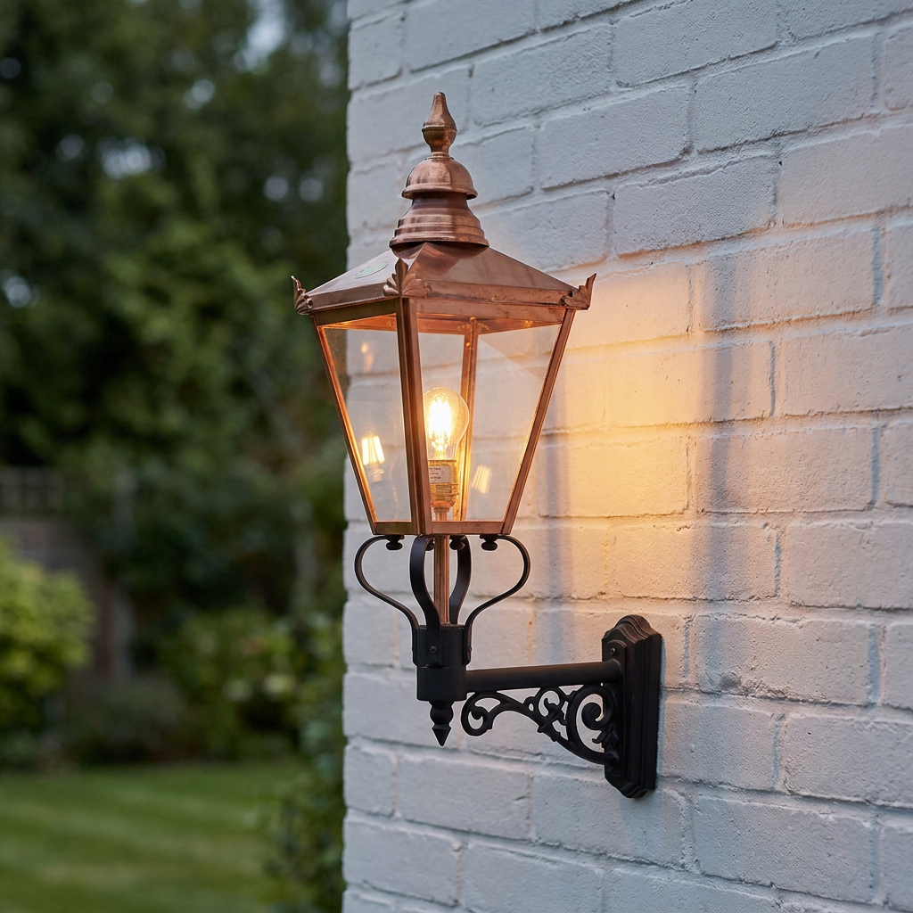 Elstead Chelsea copper outdoor wall lantern on a white brick wall, illuminated with a warm glow.
