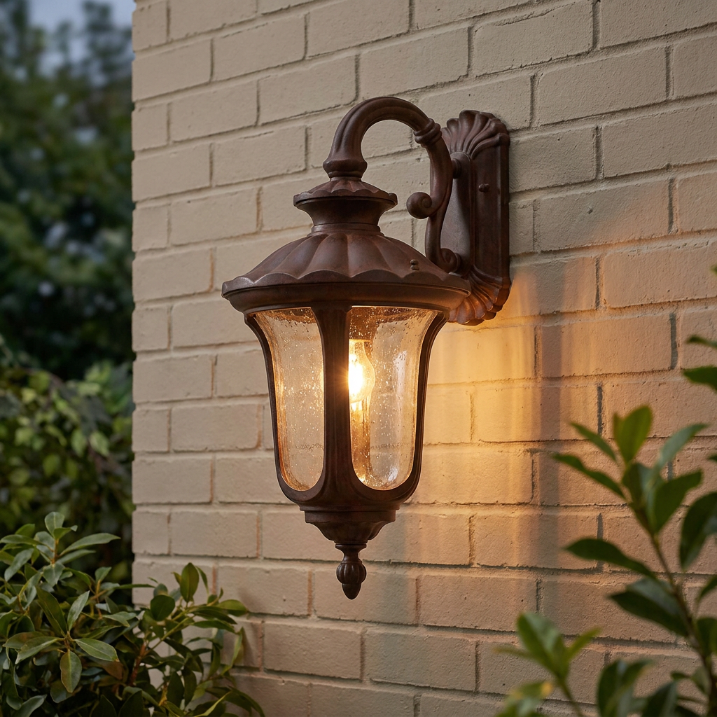 An illuminated Elstead Chicago bronze lantern wall light mounted on a cream brick wall among green foliage.