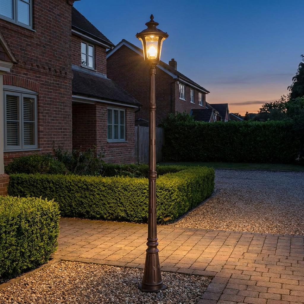 Traditional bronze outdoor lamp post glowing on a paved path in front of brick houses at twilight.
