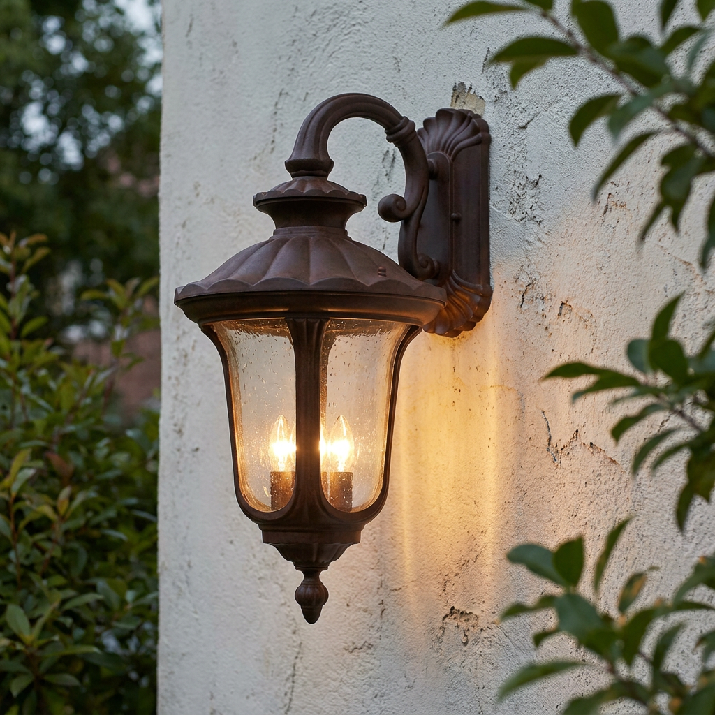Traditional rusty bronze outdoor wall lantern with a warm glow, mounted on a textured exterior wall.
