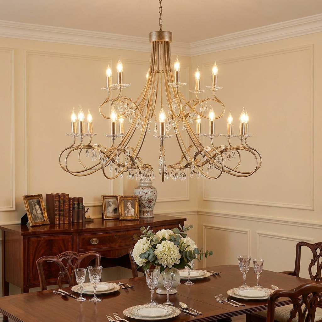 Elstead Christina 18-light silver and gold chandelier with crystal droplets hanging over a formal dining table.