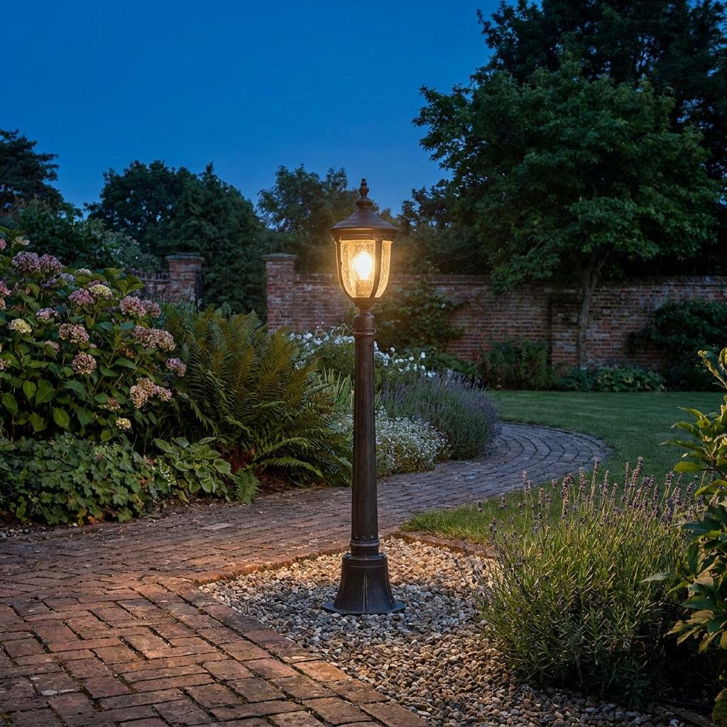 Traditional bronze bollard light with a seeded glass lantern glowing in a garden at twilight.