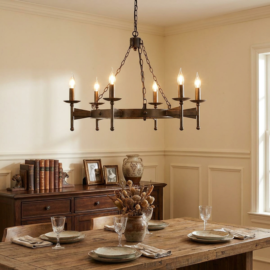 A medieval-style 6-light bronze chandelier hanging above a rustic dining room table set with dishes.