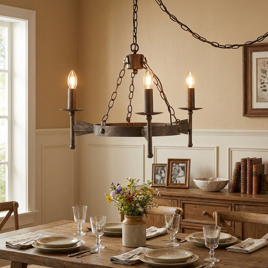 A rustic 3-light bronze chandelier hangs over a set wooden dining table in a warmly lit room.