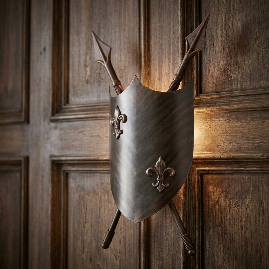 Bronze shield-shaped wall light with crossed spears and fleur-de-lis on dark wood panelling.
