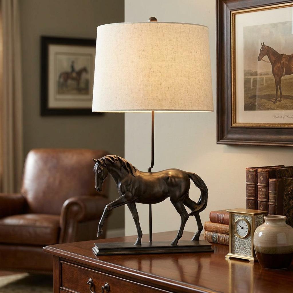 Equestrian bronze table lamp featuring a trotting horse base and linen shade on a dark wood desk.
