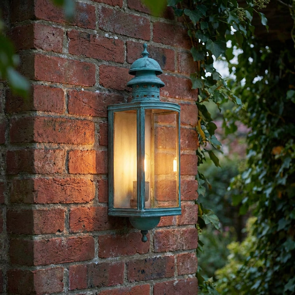 Verdigris outdoor wall lantern glowing on a red brick wall with green ivy.