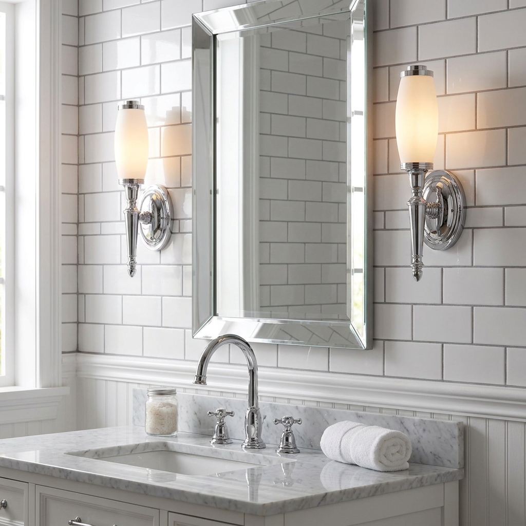 Elstead Dryden wall lights with opal glass shades flanking a bathroom mirror on a white subway tile wall.