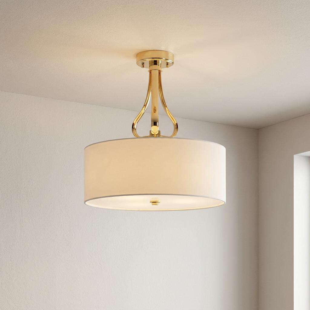 Elstead Falmouth gold semi-flush ceiling light with a white drum shade and curved supports on a neutral ceiling.