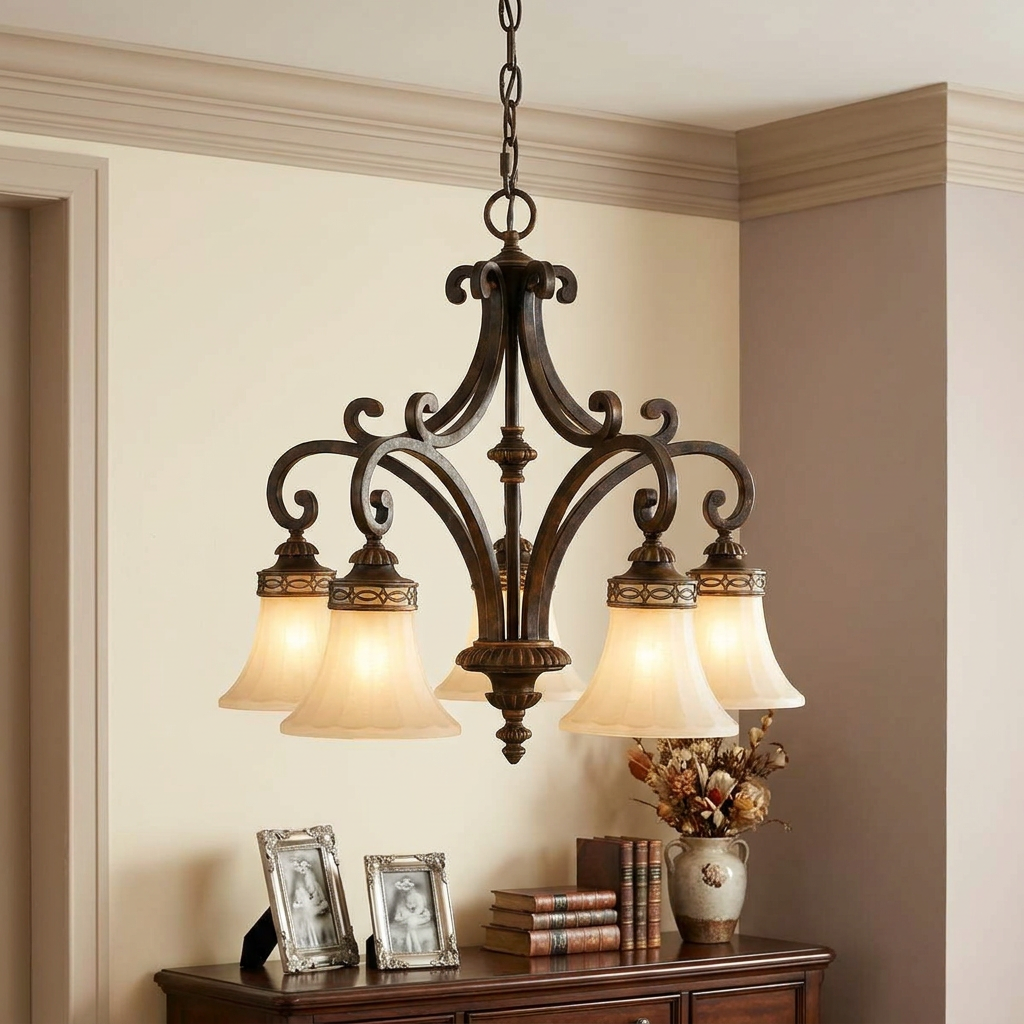Classic five-light chandelier with walnut finish and frosted glass shades over a wooden sideboard.