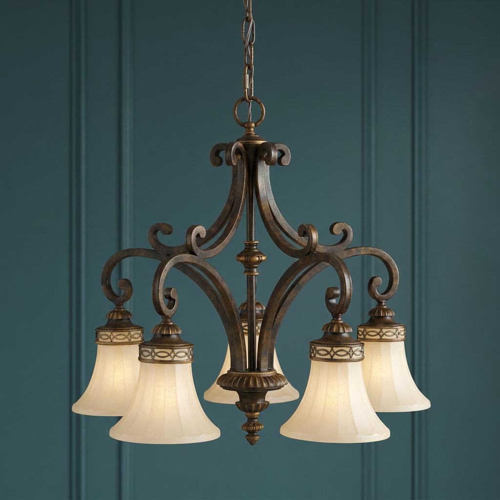 Five-light walnut finish chandelier with cream glass shades hanging against a dark teal paneled wall.