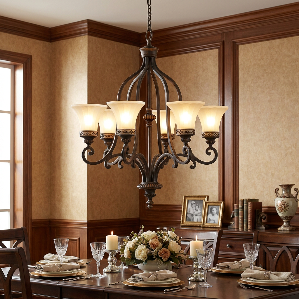 Walnut finish 6-light chandelier with frosted glass shades hanging over a formal dining table in a traditional room.