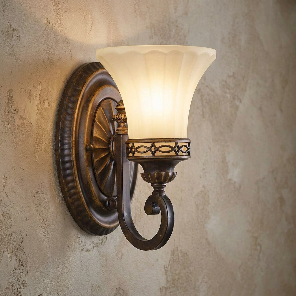 Single arm wall light with walnut finish and amber scalloped glass shade mounted on a textured wall.