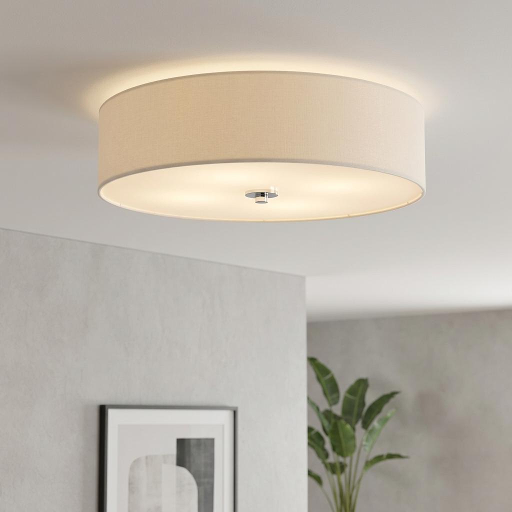 Elstead Fletcher 30-inch drum shade flush mount ceiling light with cream fabric and polished chrome finial.