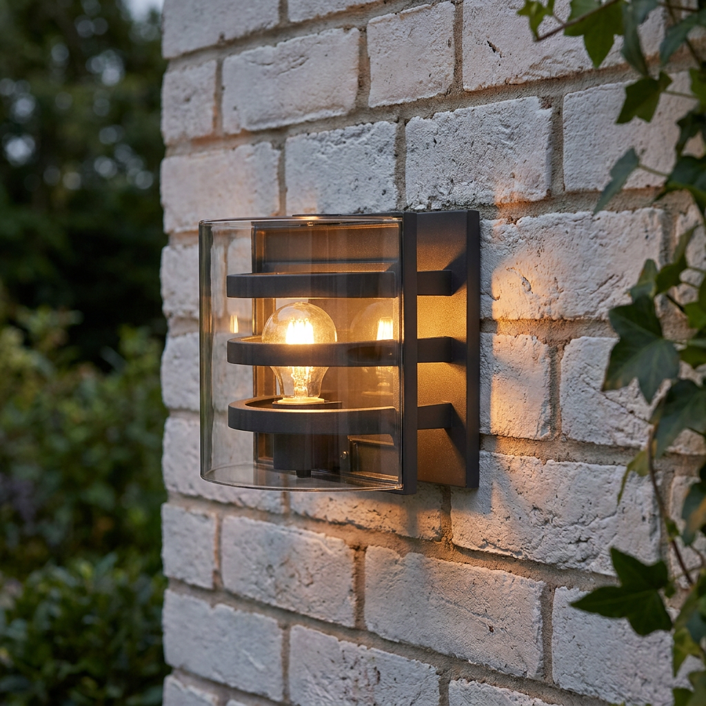 Modern graphite outdoor wall light with horizontal bars and a glowing bulb, mounted on a white brick wall.