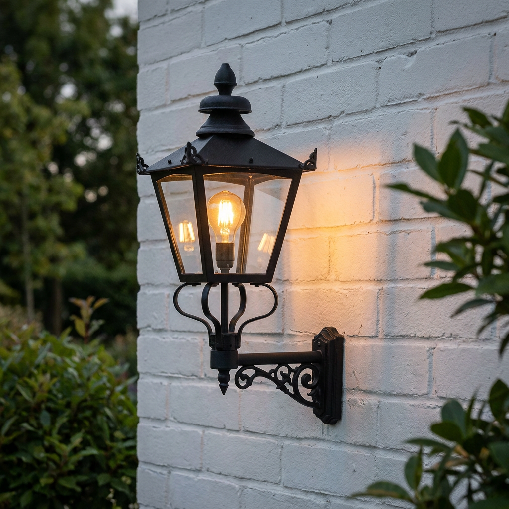 Traditional black outdoor wall lantern with a glowing bulb mounted on a white brick wall.