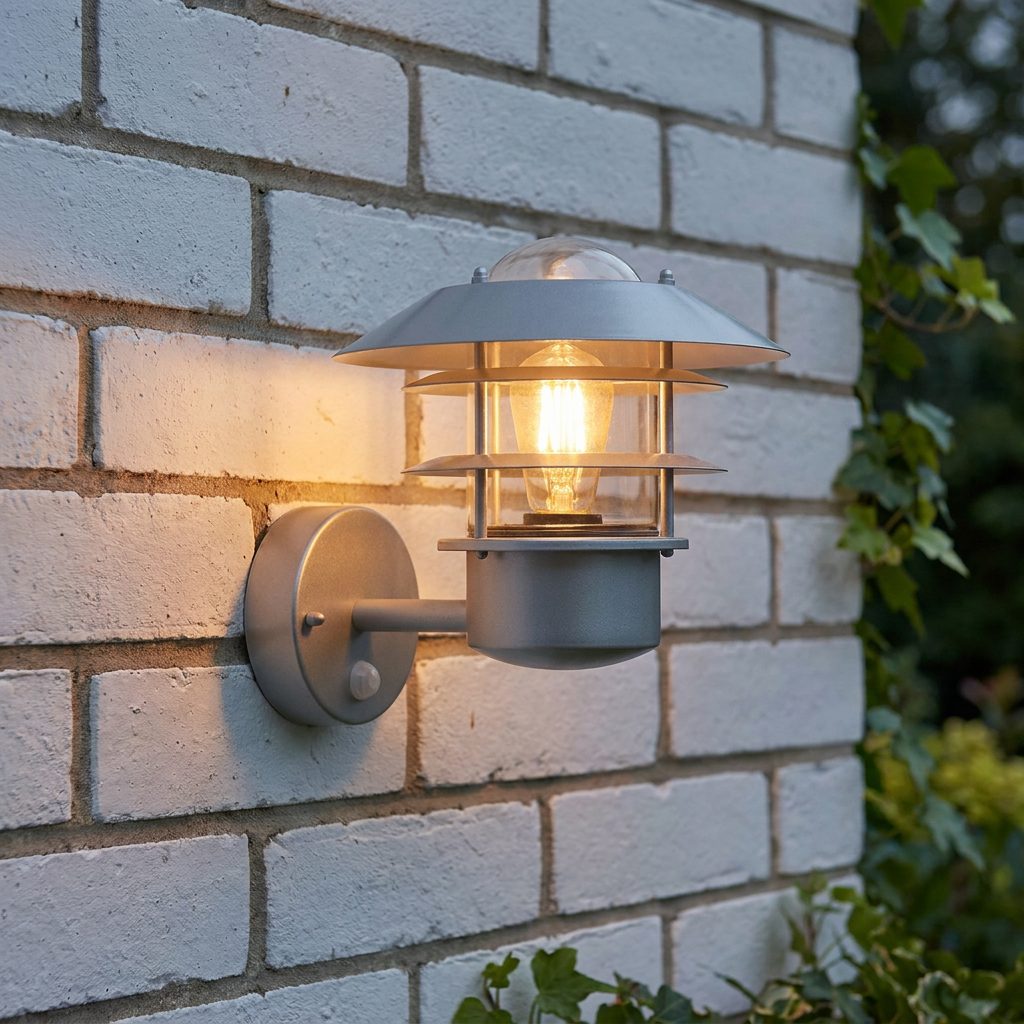 A silver Scandinavian-style outdoor wall light with horizontal louvers lit on a white brick wall.