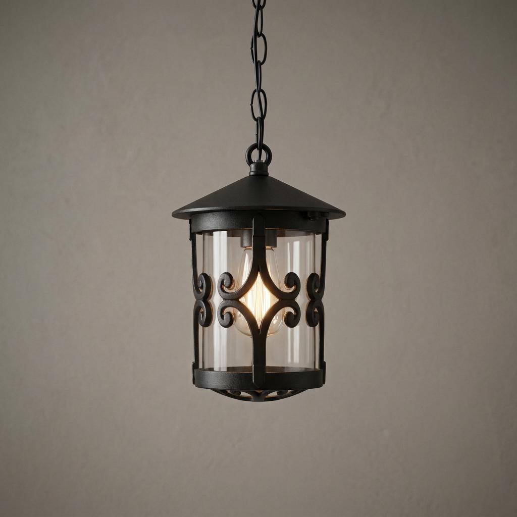Black Elstead Hereford outdoor pendant lantern with decorative scrollwork and a lit bulb against a neutral wall.