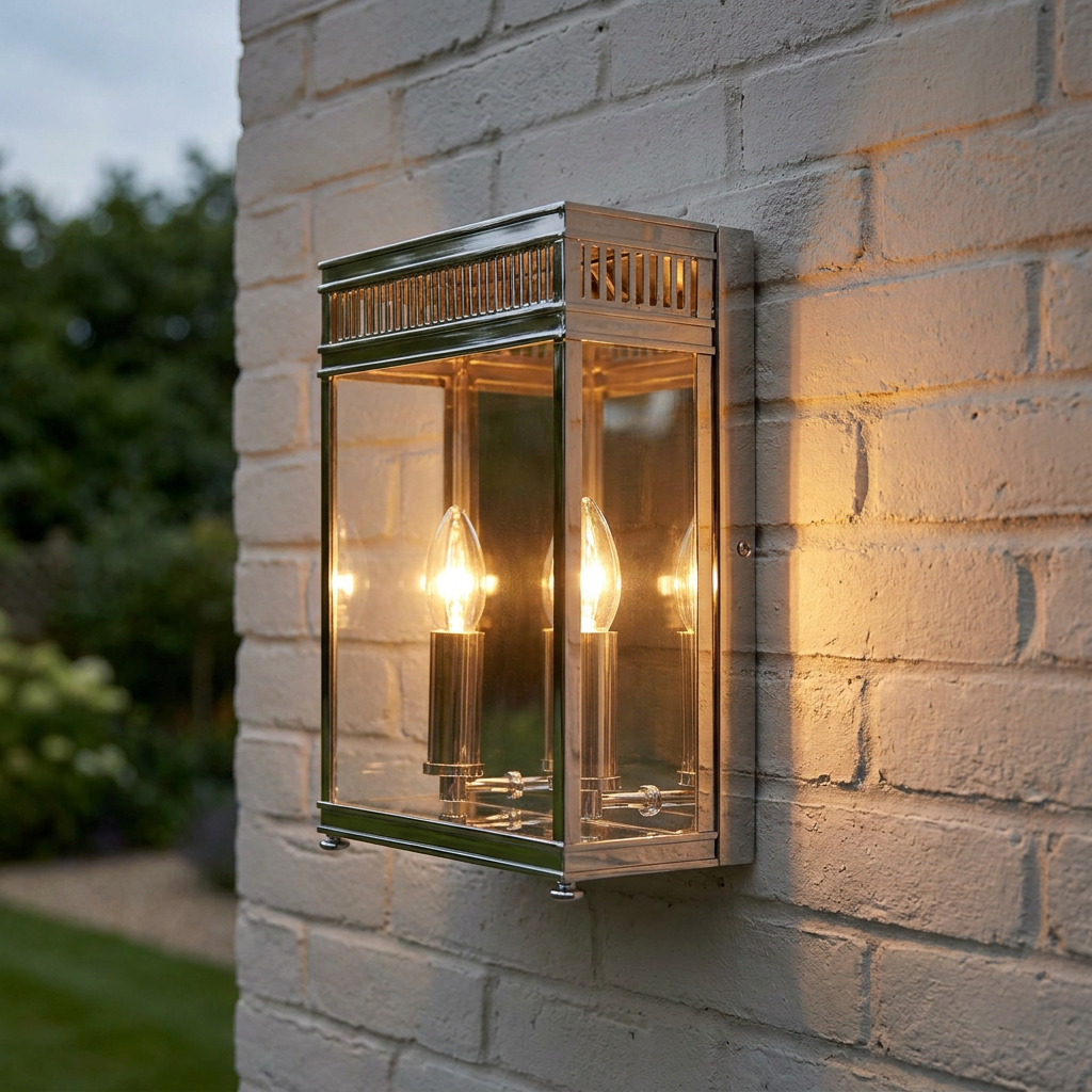 Polished chrome lantern wall light with two lit candle bulbs mounted on a white brick exterior wall.