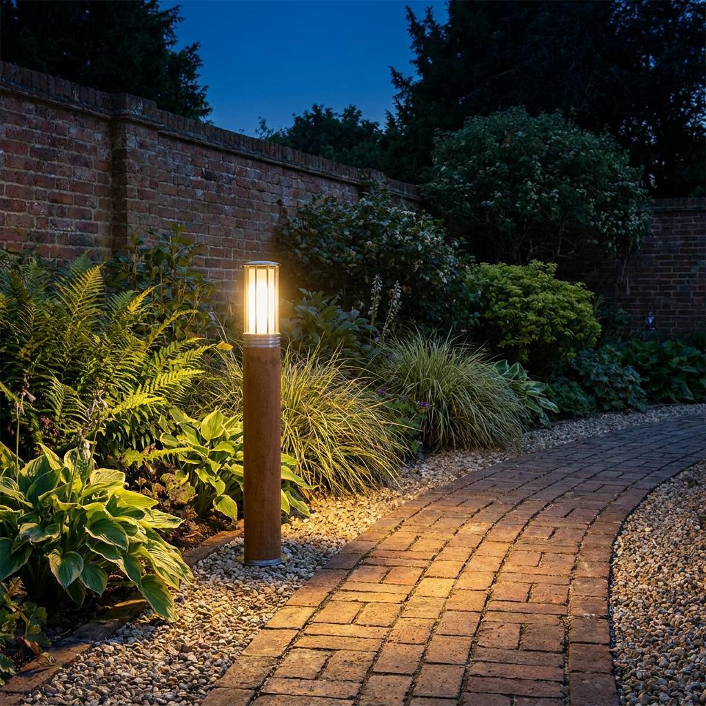 Teak outdoor bollard light illuminating a curved brick path and garden plants at dusk.