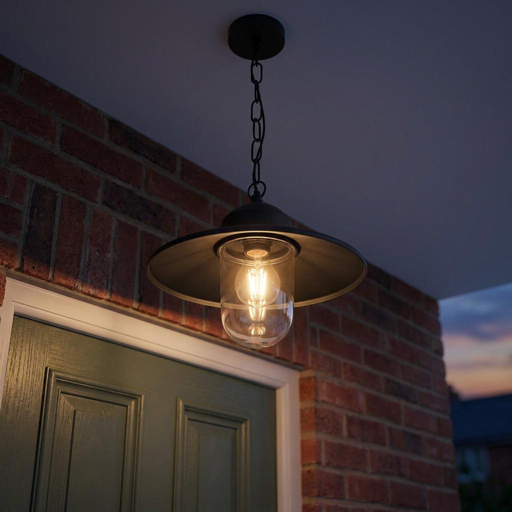 Elstead Karlstad black outdoor pendant light with a clear glass shade, hanging above a green door at dusk.