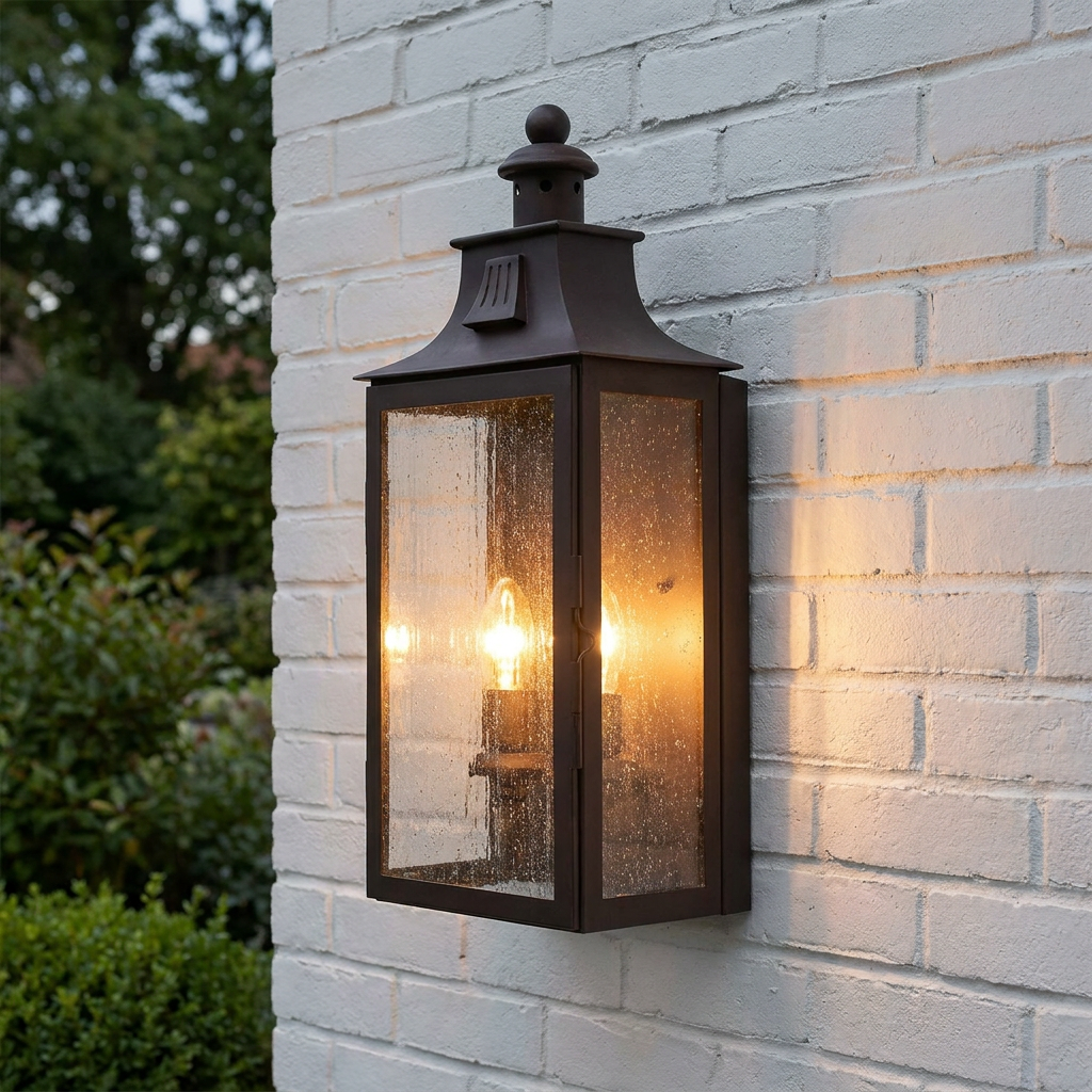 Illuminated Elstead Kendal Old Bronze outdoor lantern with seeded glass panels mounted on a white brick wall.
