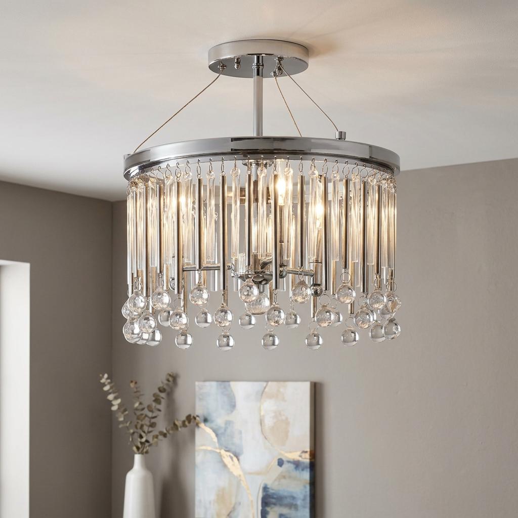 Modern chrome semi-flush ceiling light featuring vertical glass tubes and dangling clear crystal beads.