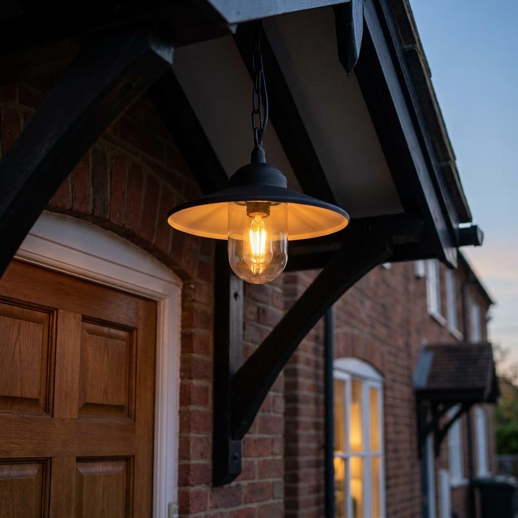 A black outdoor pendant light with a clear glass cover and glowing bulb hangs from a brick house porch.