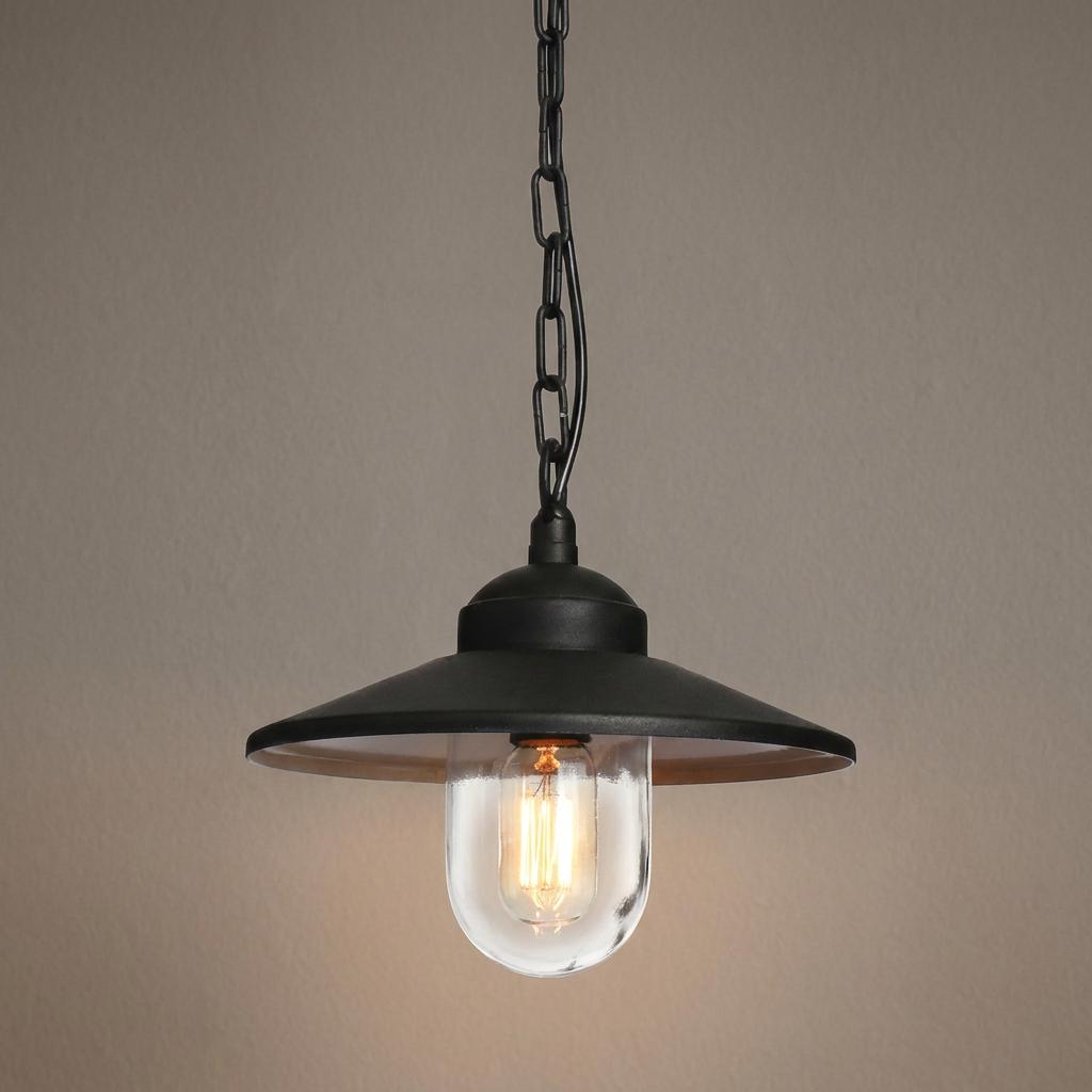 Black outdoor pendant light with a wide flat shade, clear glass diffuser, and glowing bulb on a black chain.