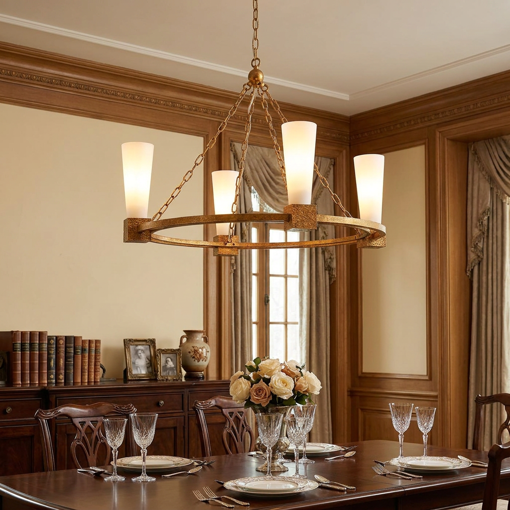 Elstead Kristy 4 light gold chandelier with frosted glass shades in an elegant, wood-paneled dining room.