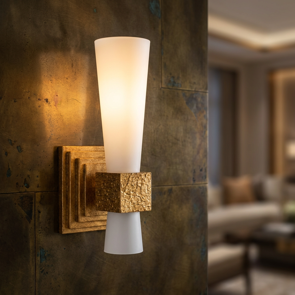 Elstead Kristy gold wall light with a frosted white glass shade and textured gold base on a metallic wall.