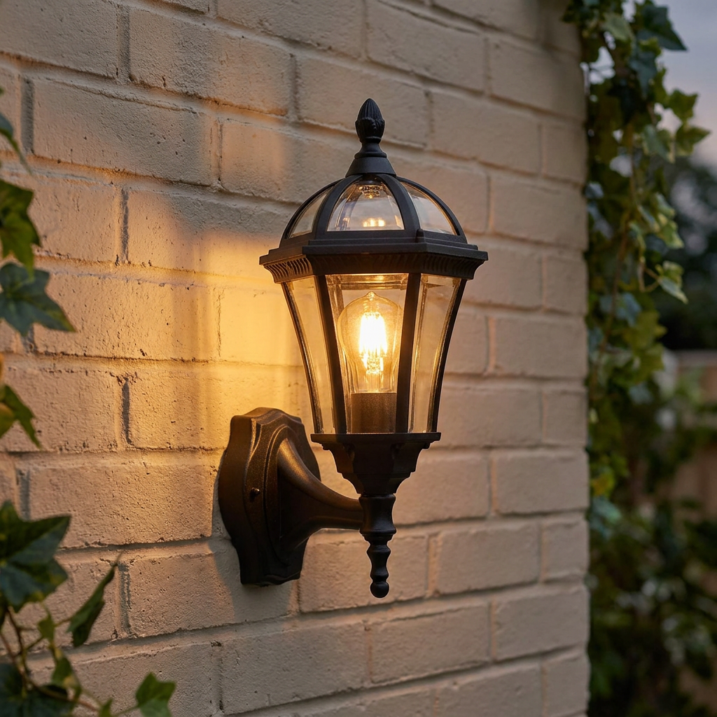Traditional black outdoor lantern lit on a brick wall, casting a warm glow.