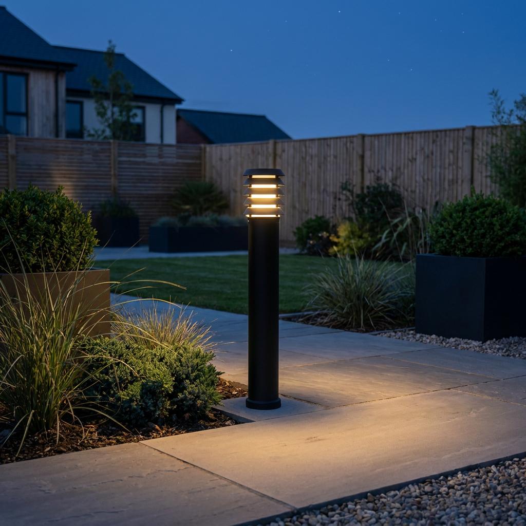 A black Alta bollard light illuminates a stone garden path at twilight with its warm, louvered glow.