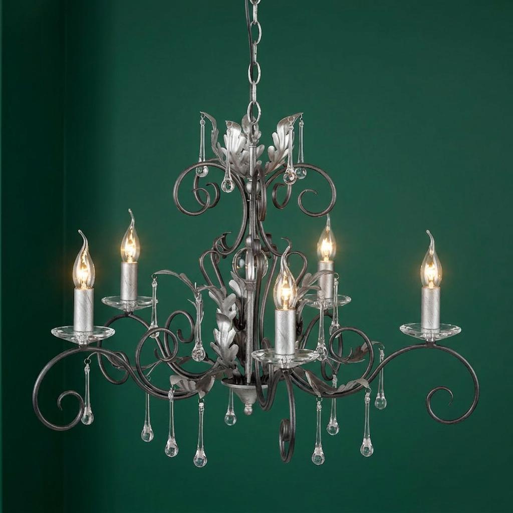 Amarilli 5-light black and silver chandelier with ornate scrollwork, oak leaf accents, and crystal droplets.