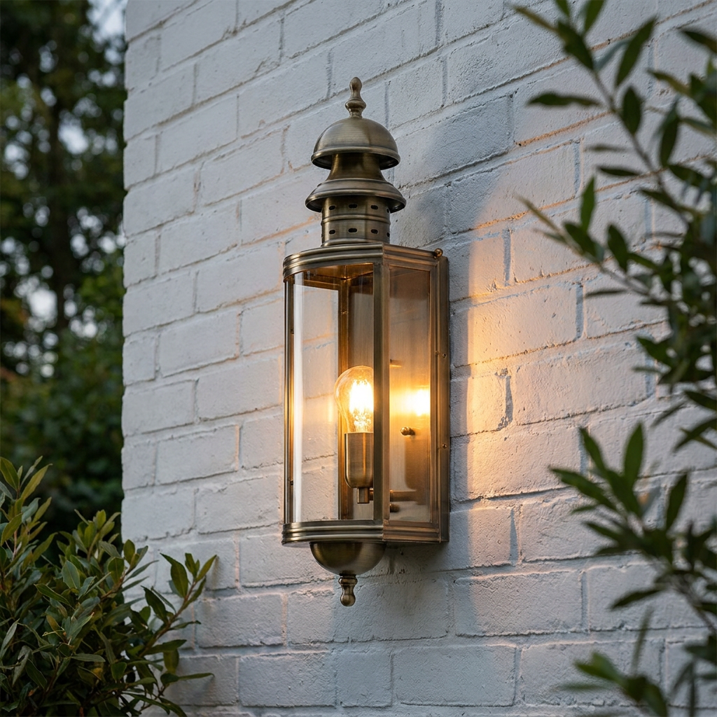 Antique brass outdoor lantern with a warm bulb mounted on a white brick wall.