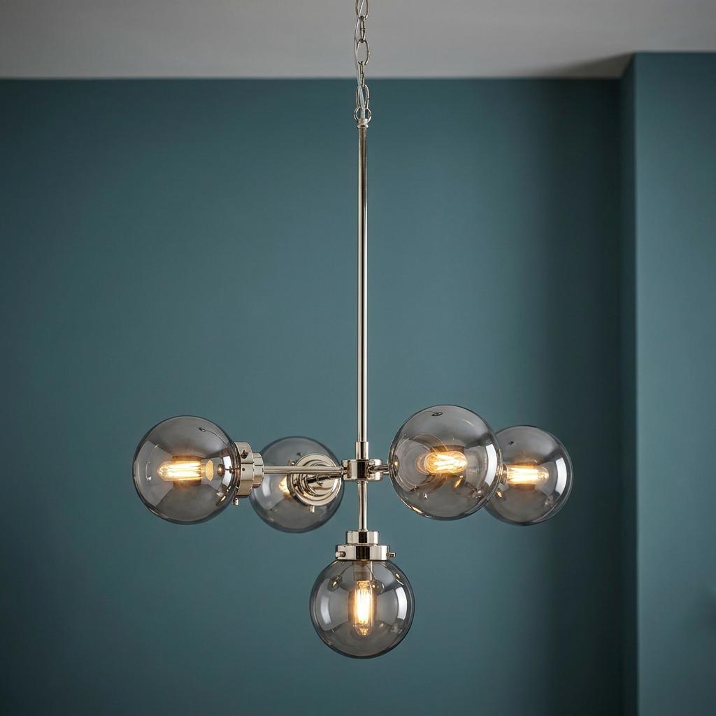 Modern 5-light chandelier with polished nickel frame and smoke glass globes against a dark blue wall.