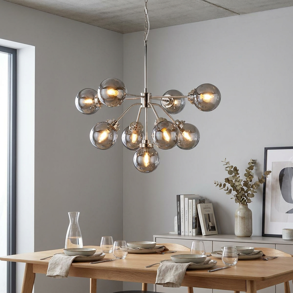 Polished nickel 9-light chandelier with smoked glass globes hanging above a set wooden dining table.