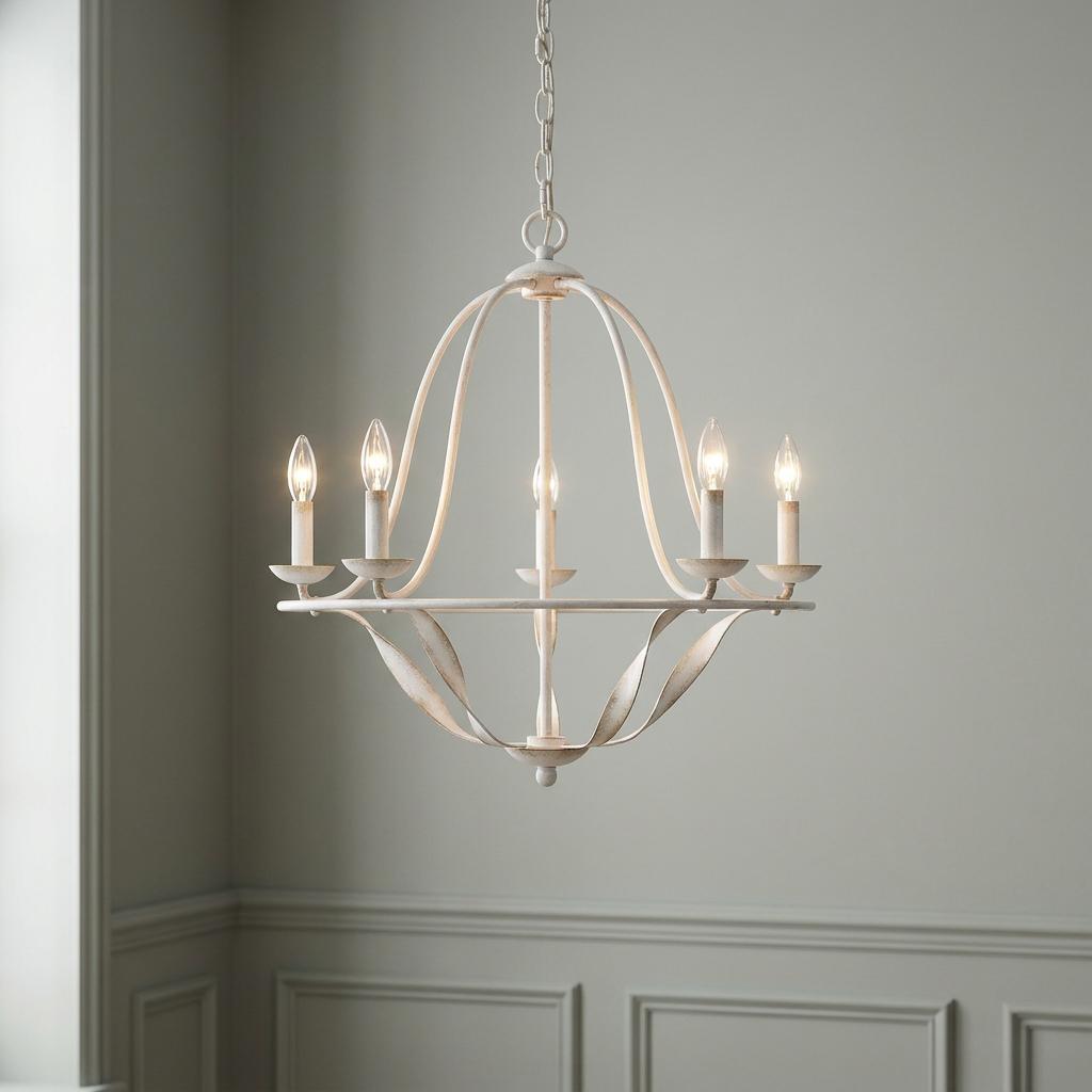 A five-light distressed white chandelier with an open curved cage design hanging in a room with grey wainscoted walls.