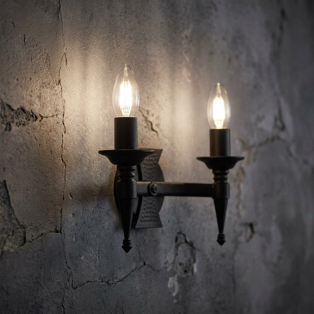 Medieval-style two-light black wall sconce with lit candle bulbs on a distressed grey concrete wall.