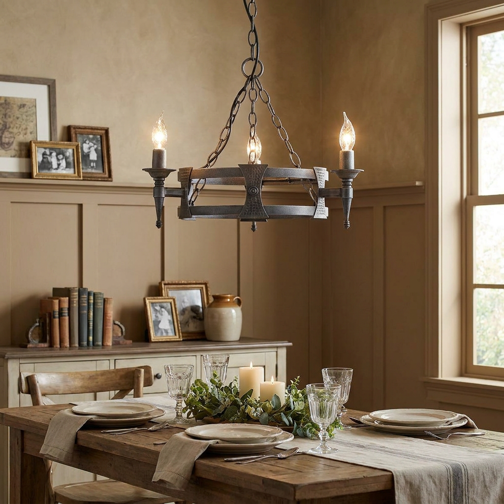 Medieval-style 3-light hoop chandelier in black and silver hanging above a rustic dining room table.